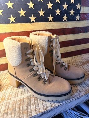 Women's Tan Faux-Shearling Lace-Up Ankle Boots